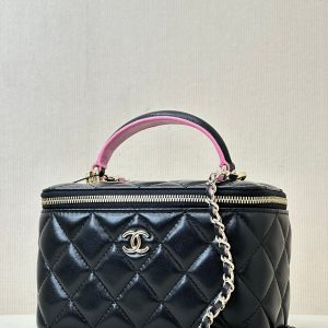 vanity shoulder bag top handle 17cm black pink lambskin