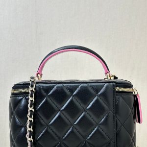 vanity shoulder bag top handle 17cm black pink lambskin