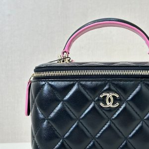 vanity shoulder bag top handle 17cm black pink lambskin