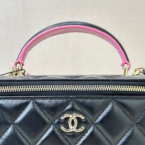 vanity shoulder bag top handle 17cm black pink lambskin