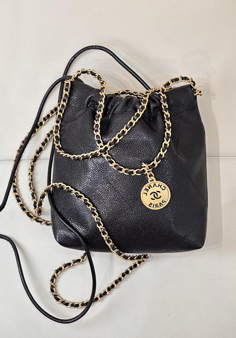 CC 22 Hobo Bag 19cm Black Grained Calfskin Gold Hardware