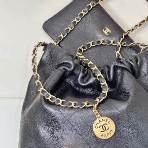 CC 22 Hobo Bag 35cm Black Grained Calfskin Gold Hardware