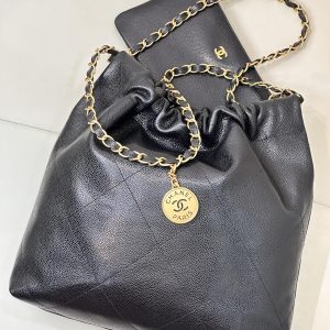 CC 22 Hobo Bag 35cm Black Grained Calfskin Gold Hardware