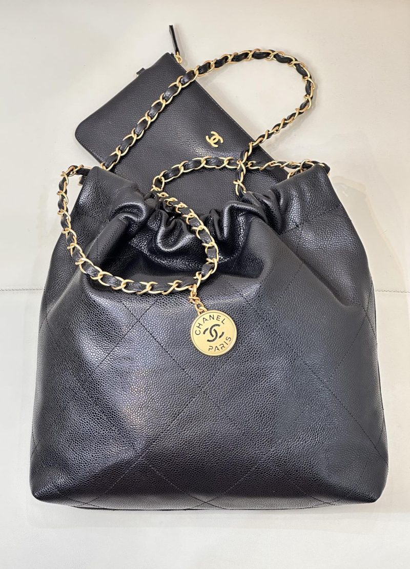 CC 22 Hobo Bag 35cm Black Grained Calfskin Gold Hardware