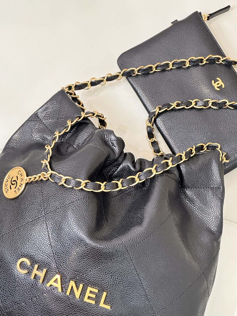 CC 22 Hobo Bag 35cm Black Grained Calfskin Gold Hardware
