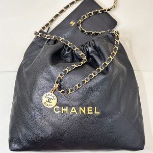 CC 22 Hobo Bag 42cm Black Grained Calfskin Gold Hardware