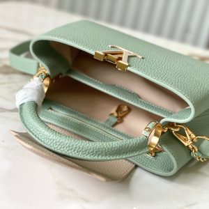 capucines bb 27 green beige taurillon leather gold hardware