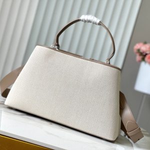 CAPUCINES GM 38CM BEIGE CANVAS BROWN CALFSKIN
