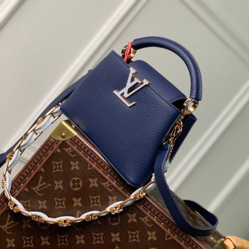 CAPUCINES MINI 21 DARK BLUE TAURILLON GOLD HARDWARE