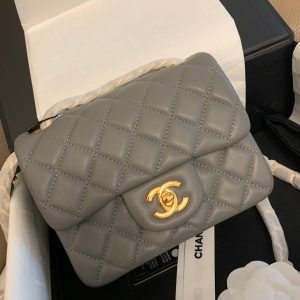 Mini Square Flap Bag 17cm Dark Grey Calfskin Gold Hardware