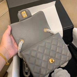 Mini Square Flap Bag 17cm Dark Grey Calfskin Gold Hardware