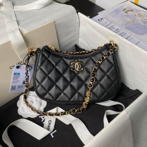 24p cc hobo bag 20cm black lambskin gold hardware