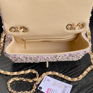 CC 24K Flap Bag 20cm Pink White Sequin Beige Lambskin