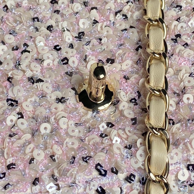 CC 24K Flap Bag 20cm Pink White Sequin Beige Lambskin