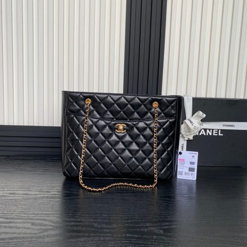 24K Shopping Bag 32cm Black Calfskin Gold Hardware