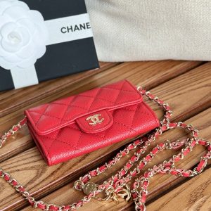 CC 24 Classic Wallet On Chain 11cm Red Caviar Leather 240676