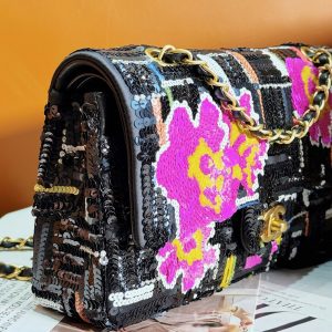 24S Flap Bag 25.5cm Black White Purple Sequin