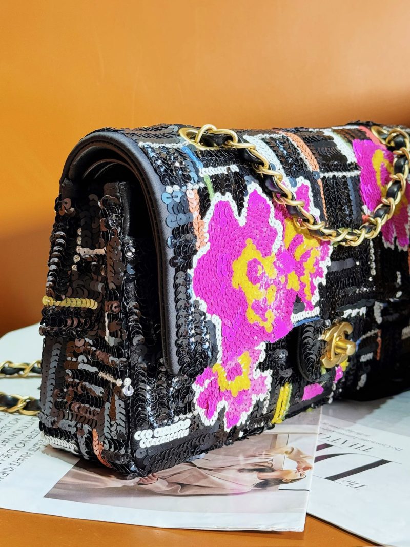 24S Flap Bag 25.5cm Black White Purple Sequin