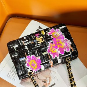 24S Flap Bag 25.5cm Black White Purple Sequin