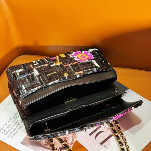 24S Flap Bag 25.5cm Black White Purple Sequin