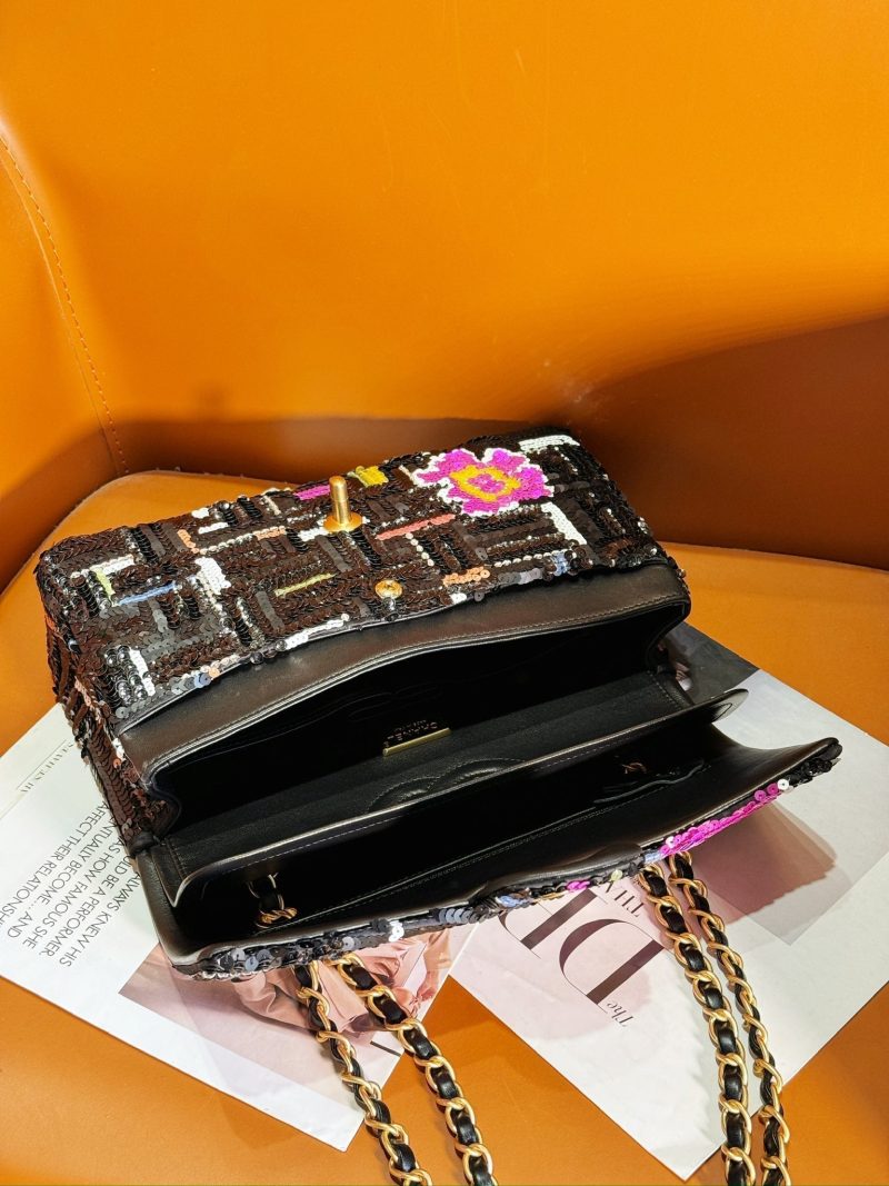 24S Flap Bag 25.5cm Black White Purple Sequin