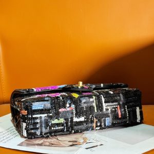 24S Flap Bag 25.5cm Black White Purple Sequin