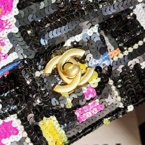 24S Flap Bag 25.5cm Black White Purple Sequin