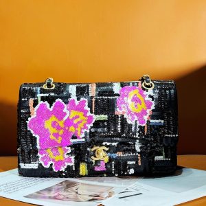 24S Flap Bag 25.5cm Black White Purple Sequin