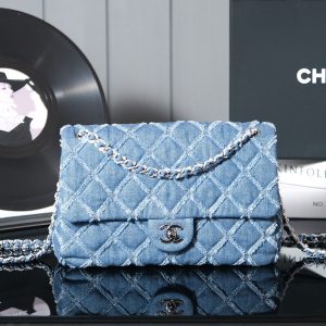 24S Flap Bag 25.5cm Blue Quilted Denim