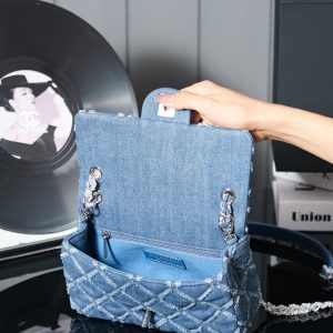 24S Flap Bag 20cm Blue Quilted Denim