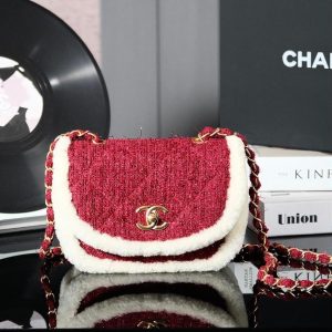 CC 24N Flap Bag 20cm Red Beige Tweed Sherling