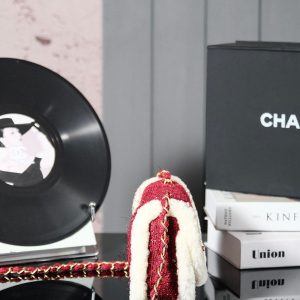 CC 24N Flap Bag 20cm Red Beige Tweed Sherling