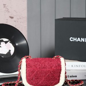 CC 24N Flap Bag 20cm Red Beige Tweed Sherling