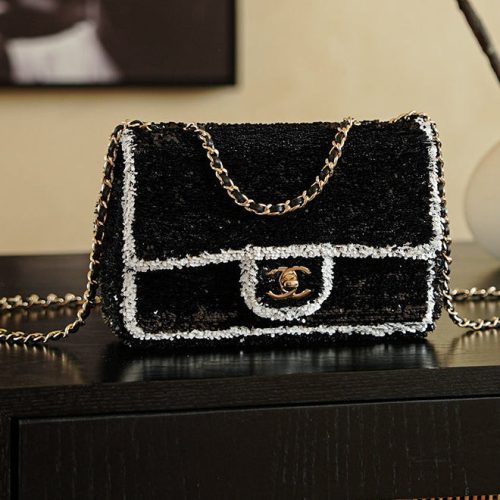 CC 2025 Flap Bag Black White Sequin 308600