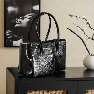 Chanel 25 Crocodile-embossed 40cm Bag Black Cowhide 322959