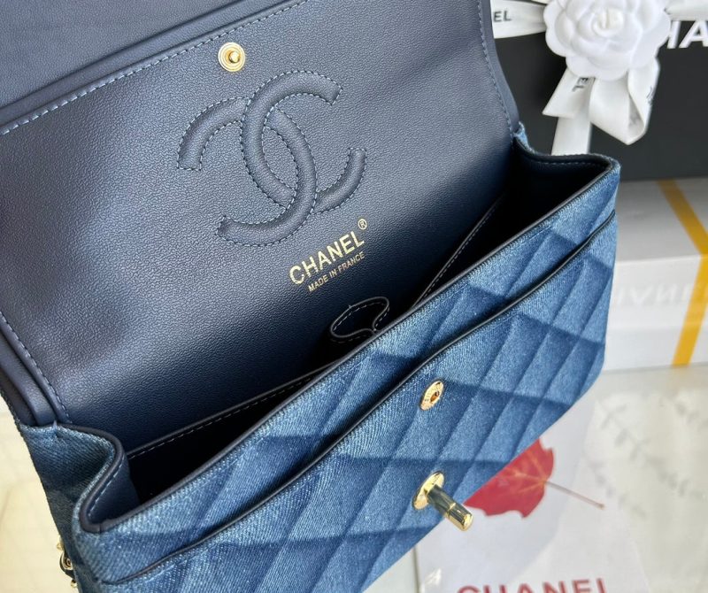 MINI FLAP BAG 20 IN CLASSIC BLUE DENIM GOLD HARDWARE