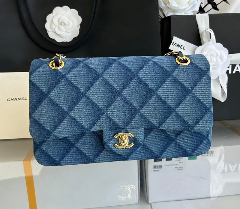 MINI FLAP BAG 20 IN CLASSIC BLUE DENIM GOLD HARDWARE