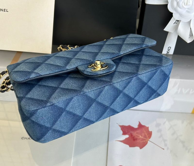 MINI FLAP BAG 20 IN CLASSIC BLUE DENIM GOLD HARDWARE