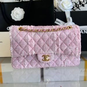 MEDIUM FLAP BAG 25 IN LIGHT PINK TWEED GOLD HARDWARE