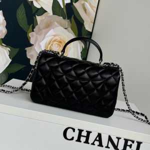 24c mini flap bag 20cm with top handle black calfskin silver hardware