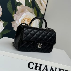 24c mini flap bag 20cm with top handle black calfskin silver hardware