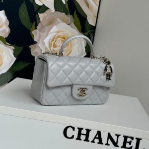 24c mini flap bag 20cm with top handle grey calfskin
