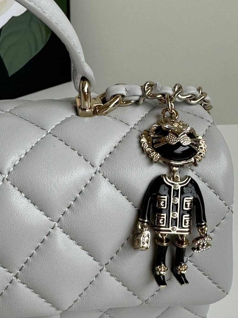 24c mini flap bag 20cm with top handle grey calfskin