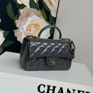 24c mini flap bag 20cm with top handle grey patent calfskin