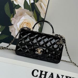 24c mini flap bag 20cm with top handle black patent calfskin