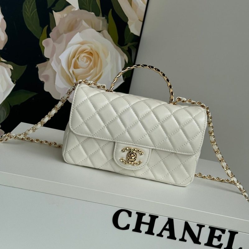 24c mini flap bag 20cm with top handle white lambskin
