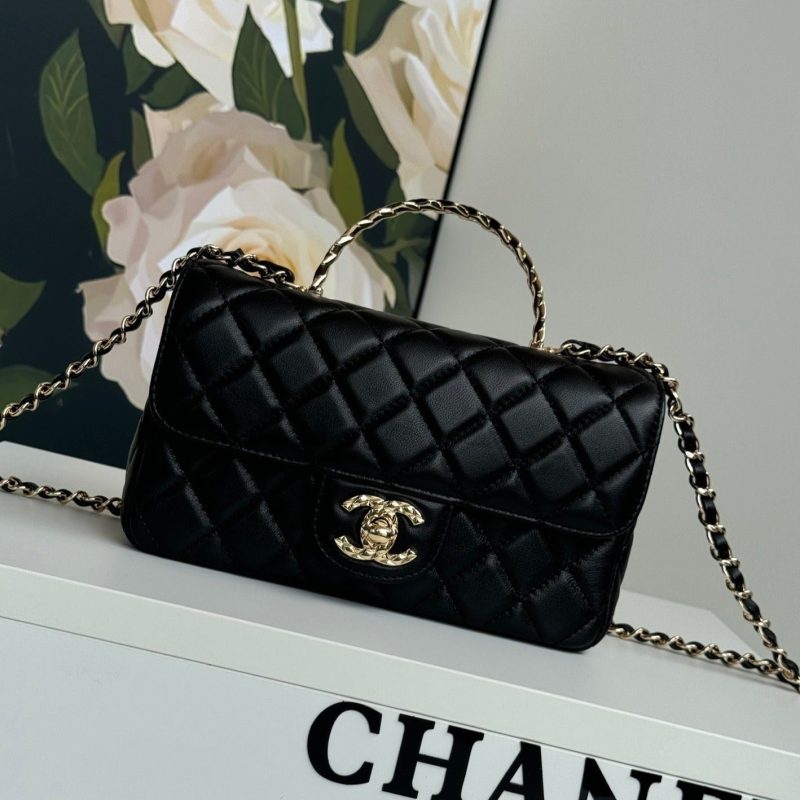 24c mini flap bag 20cm with top handle black lambskin