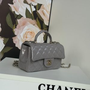 MINI FLAP BAG 20 IN LIGHT GRAY GLOSSY CALFSKIN GOLD HARDWARE