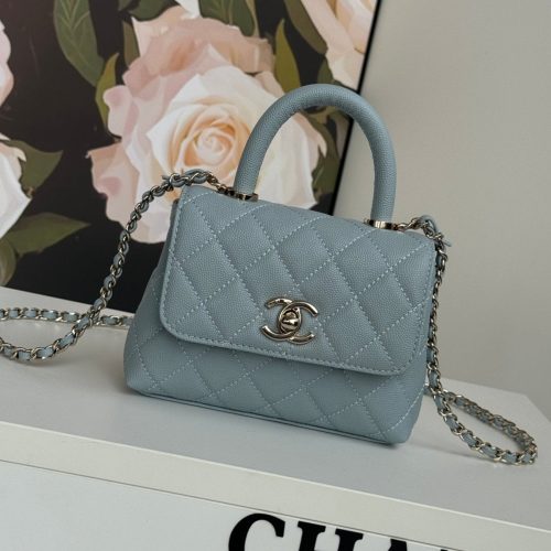 CC 24K Coco Handle Nano 14.5cm Cloud Blue Grained Calfskin Gold Hardware