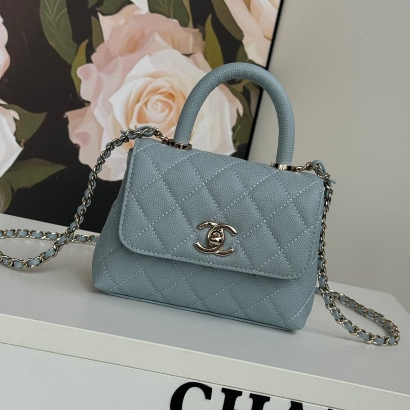 CC 24K Coco Handle Nano 14.5cm Cloud Blue Grained Calfskin Gold Hardware